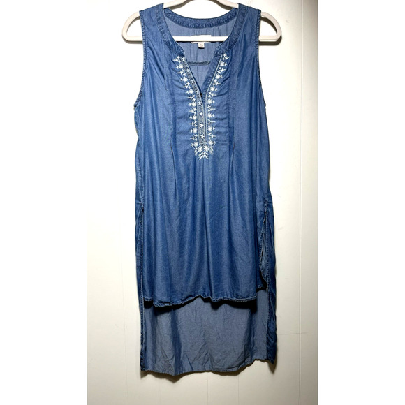 Knox Rose Chambray Embroidered Hi-low Hem Tunic Top Boho Beachy Size Large - Picture 1 of 9